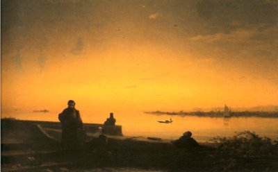 <i><b>Les P�res M�khitaristes sur l'Ile de Saint Lazare, Venise 1843.</b><br>L'originalit� de l'oeuvre d'A�vazovski s'explique en grande partie par son caract�re national et son temp�rament. Dans la culture arm�nienne, l'id�e de la lumi�re cr�atrice, lumi�re de la connaissance, �tait profond�ment ancr�e dans la tradition et �tait une des composantes principale de son art.</i>