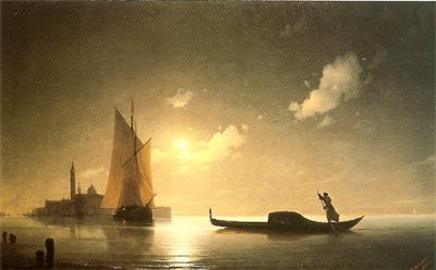 <i><b>Le gondolier, nuit 1843</b><br>Delacroix parlait de son art en termes �logieux : Turner le qualifia de g�nial. Fid�le � sa devise -Vivre pour moi signifie travailler- il peignit pr�s de six mille toiles. De sn vivant, sa maison � F�odossia fut transform� en mus�e.</i>