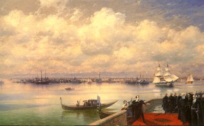 <i><b>Visite de Lord Byron aux Mekhitaristes de l'Ile St Lazare, 1899</b><br>L'essence du romantisme d'A�vazovski r�side dans sa foi en l'amour de l'homme pour la nature et des id�es de libert� de son �poque</i>