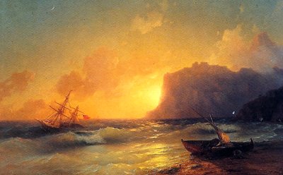 <i><b>La mer Koktebel 1853 </b> <br>Il naquit à Féodossia en Crimée. A vingt ans il termina l'Académie des Beaux-Arts de Saint-Pétersbourg avec une médaille d'or. Il reçut une bourse et étudia en Italie et revint en maître renommé.</i>