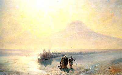 <i><b>La descente de Noé de l'Ararat 1889</b><br> Aïvasovski peignit aussi des sujets sur l'histoire nationale et des paysages d'Arménie.</i>