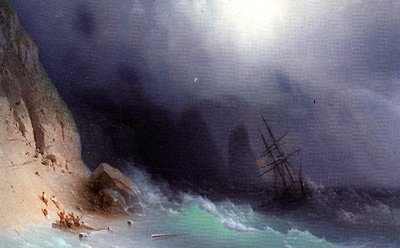 <i><b>Naufrage près des côtes rocheuses, 1870</b><br>Plus de la moitié des marines d'Aïvazovski sont des tempêtes. Montrant les flôts en furie, il représente toujours des hommes luttant contre la mer.</i>