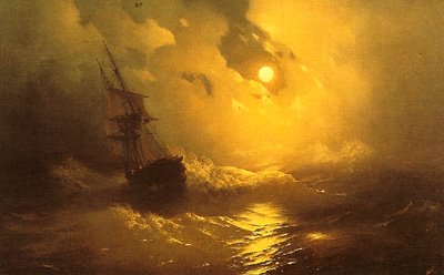 <i><b>Tempête, la nuit 1849</b><br> ... la transparence de l'eau tantôt calme, tantôt tumultueuse, tantôt furieuse lêlant ses vagues au ciel orageux. </i>