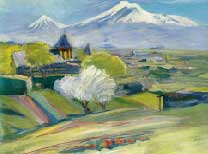 <i>Hautement apprécié en Russie, Sarian, à la différence de ses collègues 
Chagall et Kandinski ne partit pas en Occident, mais resta en Arménie pour se donner entièrement à son renouveau</i>